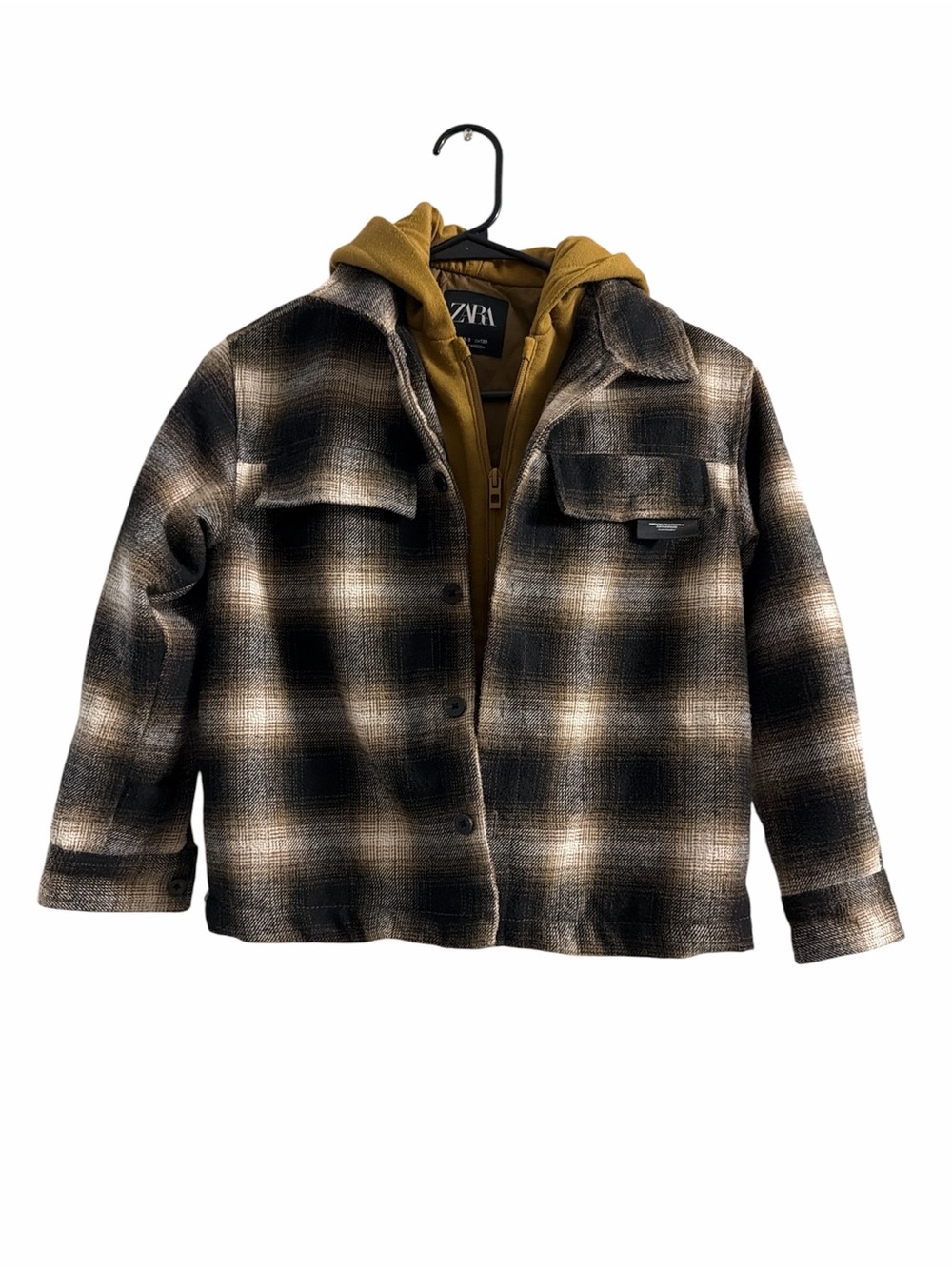 ZARA Black and Cream Plaid Shacket with Mustard Hoodie Insert